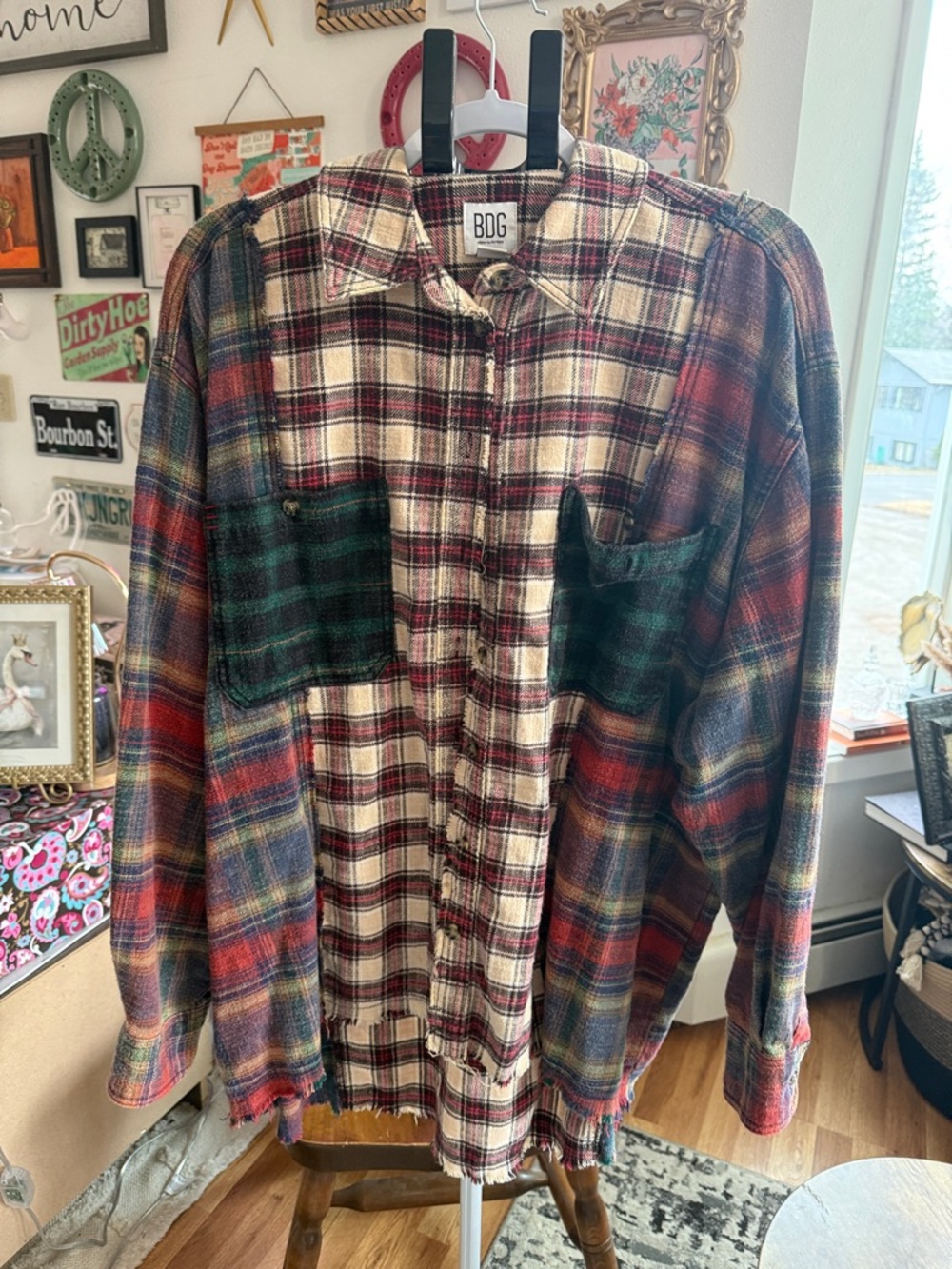 BDG Multicolor Plaid Button-Down Shirt with Green Chest Pockets